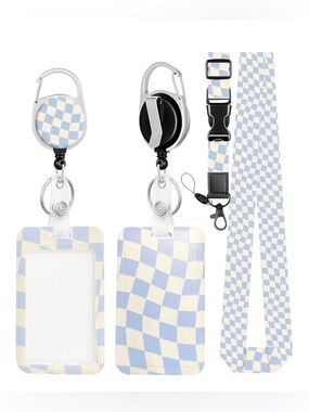 Amazon Blue & Cream Checkered Lanyard Set with Retractable Reel and ID Holder